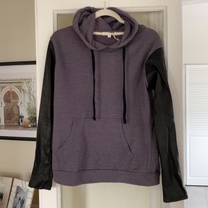 Faux leather sleeve hooded sweatshirt
